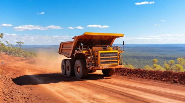 Heavy-duty mining dump truck on a dusty red road in a vast arid landscape under a clear blue sky, industrial earthmoving.