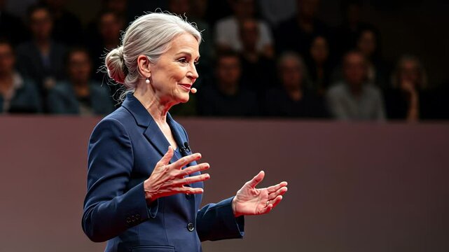 Mature woman in a dark blue suit speaking publicly, gesturing with hands during a conference. Professional speaker presenting a lecture.