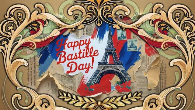 Revealing torn collage sliding carvings and wreath framing Eiffel Tower at Bastille Day card