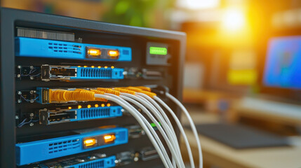 High tech server with fiber optic cables connected, showcasing advanced communication technology and network infrastructure