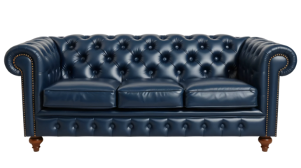 Navy blue leather Chesterfield sofa isolated on transparent background
