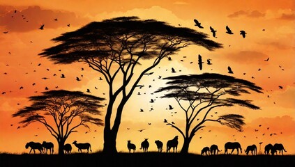 sunset in africa, safari with wild animals. flock of birds against the background of sunset in the savannah.Amazing. Panorama silhouette tree in africa.