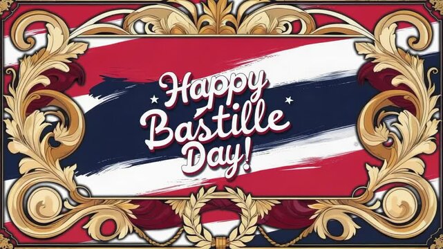 Starting Happy Bastille Day greeting zooming out over tricolor stripes, unveiling scrollwork border
