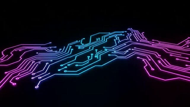 Abstract neon circuit board design; glowing pink and blue lines on black background