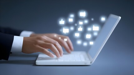 Professional typing on a laptop with digital feedback icons
