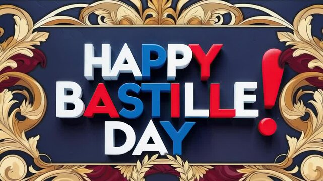 Animating 3D HAPPY BASTILLE DAY greeting on blue backdrop, with golden scrollwork framing phrase