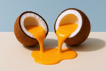 Tropical coconuts overflow with creamy, vibrant orange liquid, creating a sweet cascade perfect for healthy recipes and innovative beverage concepts on a summer day.
