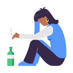 Sad african woman sit on the floor with smooking and drinking wine. Social issue, Alcohol Addiction. Booze concept. flat cartoon style.