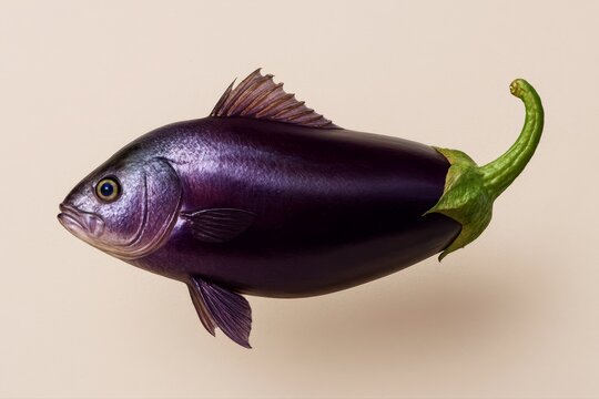 Surrealist culinary art features a vibrant purple eggplant conjoined with a fish, creating a bizarre yet intriguing food fusion concept.