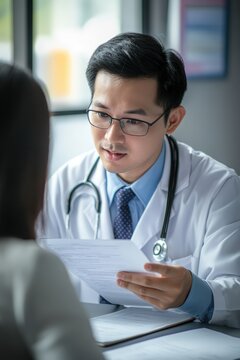 East-Asian oncology doctor conducts serious consultation with patient reviewing cancer test results and discussing treatment options in bright professional medical office