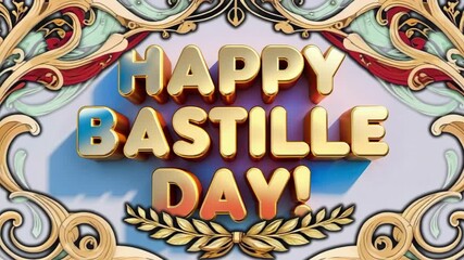 Opening HAPPY BASTILLE DAY on pale backdrop, ribbons and scrolls evolving into festive wreath frame - Powered by Adobe