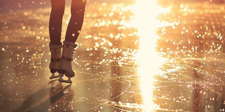 Ice Skates on Icy Surface at Sunset