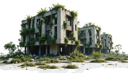 Abandoned futuristic buildings overtaken by nature urban decay concept Nature Reclaims Steel Giants