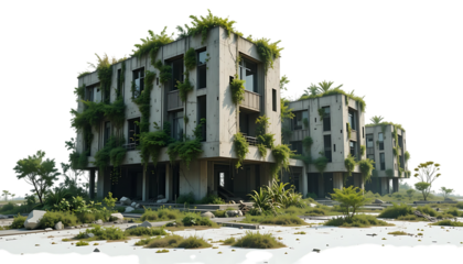 Abandoned futuristic buildings overtaken by nature urban decay concept Nature Reclaims Steel Giants