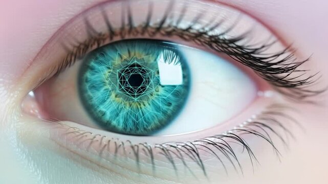 Close-up of a striking blue human eye with geometric pattern overlay, showing intricate details