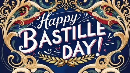 Sweeping wave behind letters revealing scrolls around Happy Bastille Day text for festive greeting - Powered by Adobe