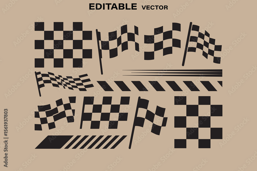 Poster collection of black and white checkered racing flags and speed lines on a neutral background