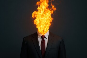 Fiery Headed Businessman embodies intense passion and drive, a conceptual image visualizing burning ambition in a minimalist composition against a dark background.
