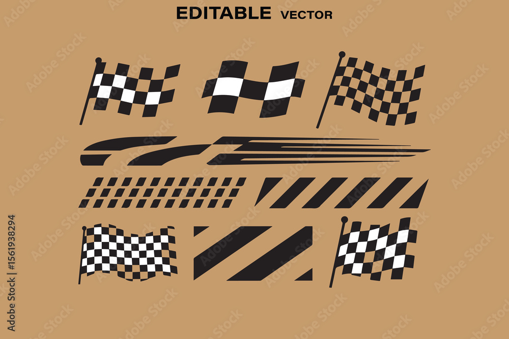 Poster collection of editable vector graphics featuring checkered racing flags and speed lines for automoti