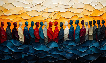 Textured painting of silhouetted figures facing each other against a sunset sky above wave-like blue strokes