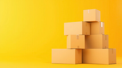 Stacked cardboard boxes in vibrant yellow background create cheerful and organized atmosphere, perfect for inventory management