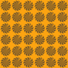 A geometric floral pattern of radial petals in dark brown on a golden-orange background, arranged in perfect alignment with striking 3D shadow depth.