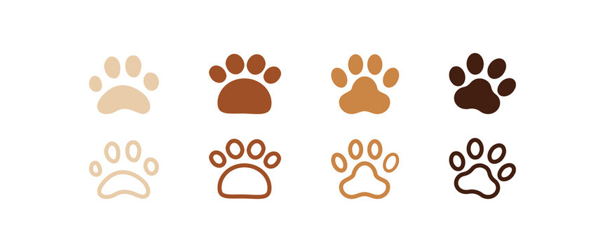 Cute animal paw print icons set in brown tones, vector illustration for pet logo, veterinary clinic, animal shelter, or kids design. Includes filled and outline paw styles on white background.