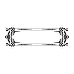 Vintage hand-drawn ornamental flourish in engraved sketch outline style. This symmetrical decorative element features intricate baroque-inspired curves and leaf motifs.