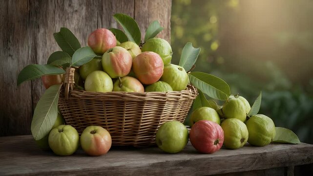 Ripe guavas in wicker basket fresh fruit still life photography