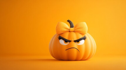 Fototapeta premium Angry jack-o-lantern wearing bow ready for Halloween. Spooky holiday party decoration. Halloween celebration object on orange background. All Hallows Eve, Samhain Spooky Holiday Season, Fall Festival