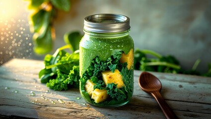 A tropical green smoothie with kale, pineapple, and coconut water in a mason jar with sunlight highlighting condensation.
