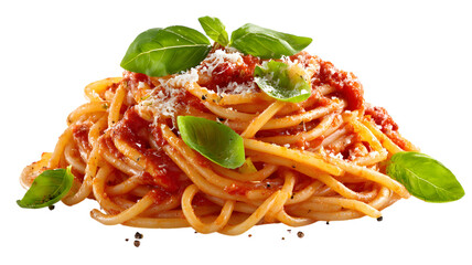 Classic Spaghetti with Tomato Sauce, Parmesan Cheese and Basil on White Background