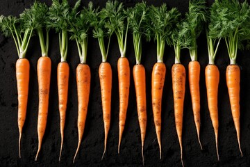 Fresh carrots with green tops aligned against a dark soil background