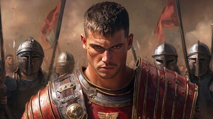 Determined roman soldier in battle formation.