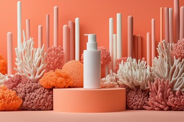 Modern skincare bottle in coral-inspired vibrant artistic display on pedestal background