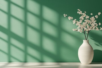 Minimalist arrangement with a vase of white flowers on a textured wall background