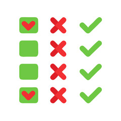 Checklist Icons Checkmarks, Hearts, and Crosses for Design