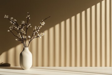 Minimalist vase with blooming branches against striped shadowed wall background
