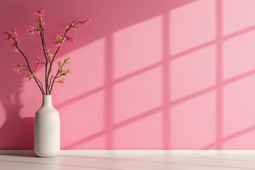 Minimalistic vase with pink blossoms on a bright pink background