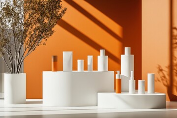 Contemporary orange and white product display with colorful shadows and clean lines