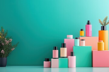 Colorful cosmetic bottles on pastel podiums with plants and vibrant background