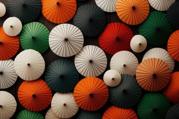 Colorful arrangement of traditional umbrellas in a symmetrical creative pattern