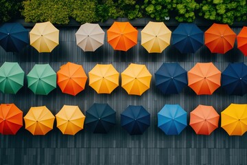 Colorful umbrellas arranged in a geometric pattern on a wooden deck