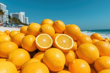 Pile of fresh lemons with a beach and skyscrapers in the background