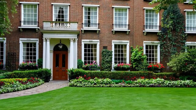 Charming building with meticulous landscaping showcases vibrant flowers and plush greenery in an inviting outdoor area