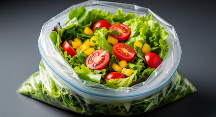 Fresh salad mix in clear plastic bag, featuring lettuce, cherry tomatoes, and bell pepper pieces.  Represents healthy eating, convenience, and meal prep.