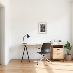 Scandinavian style home office with wooden desk and indoor plants