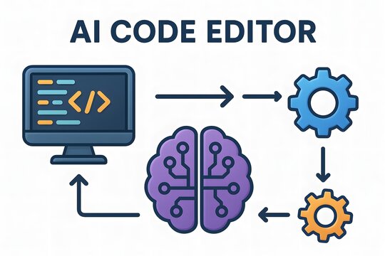 AI Code Editor Infographic with Smart Programming Interface for Developer Tools