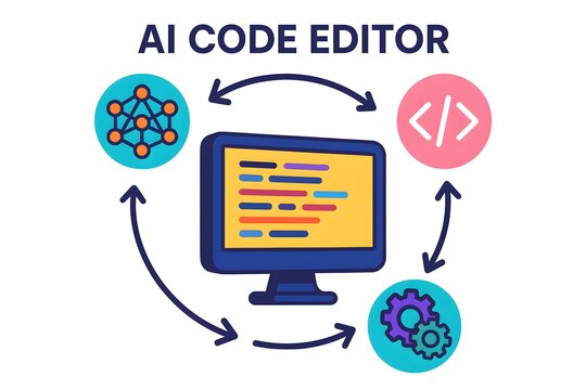 AI Code Editor Infographic with Automated Programming Interface for Software Development