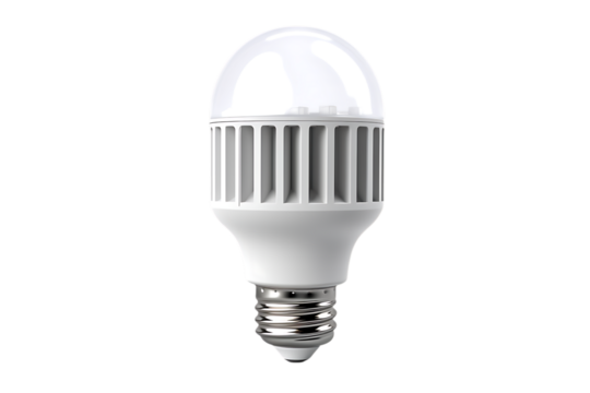 Modern white led light bulb with a silver screw base isolated on transparent background